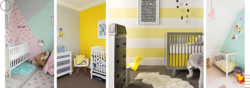 aménagement chambre bébé avec mur coloré en jaune citron et bleu turquoise